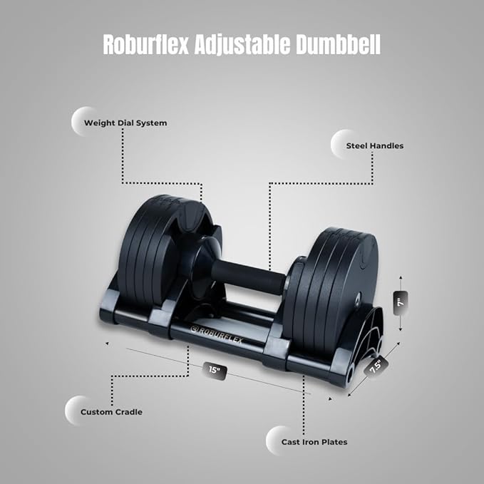 Adjustable Dumbbell (Single) by ROBURFLEX for Workout Strength Training Fitness Home Gym
