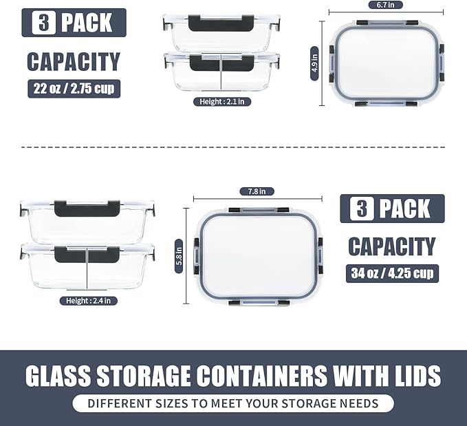 6 Pack Glass Meal Prep Containers, Food Storage Containers, Airtight Bento Boxes with Leak Proof Lids, Freezer to Microwave Safe