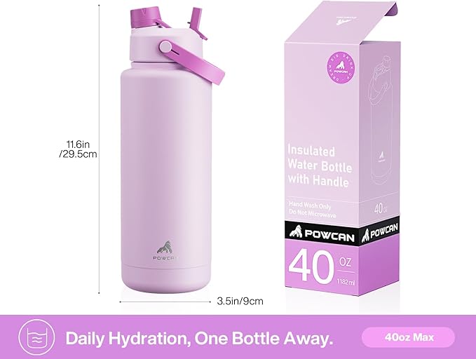 40 oz Insulated Water Bottle with 2-in-1 Straw and Spout Lid, Keep Cold 24H, Leak-Proof, BPA-Free, Double Wall Stainless Steel Water Bottle for Sports, Gym, Travel, and School (Misty Lilac)