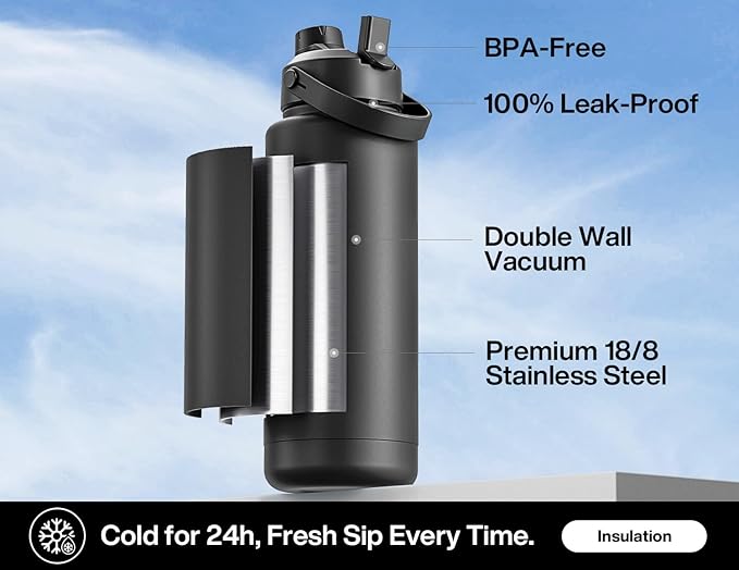 40 oz Insulated Water Bottle with 2-in-1 Straw and Spout Lid, Keep Cold 24H, Leak-Proof, BPA-Free, Double Wall Stainless Steel Water Bottle for Sports, Gym, Trip, and School (Monarch Butterfly)