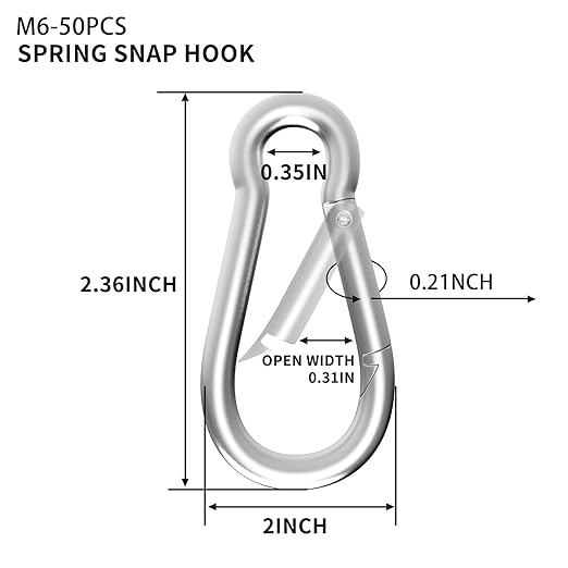 50PCS M6 Spring Snap Hook Carabiner, Heavy Duty Galvanized Steel Carabiner Clip, 260LBS Holding Capacity Spring Clips for Hammock Swing Outdoor Travel