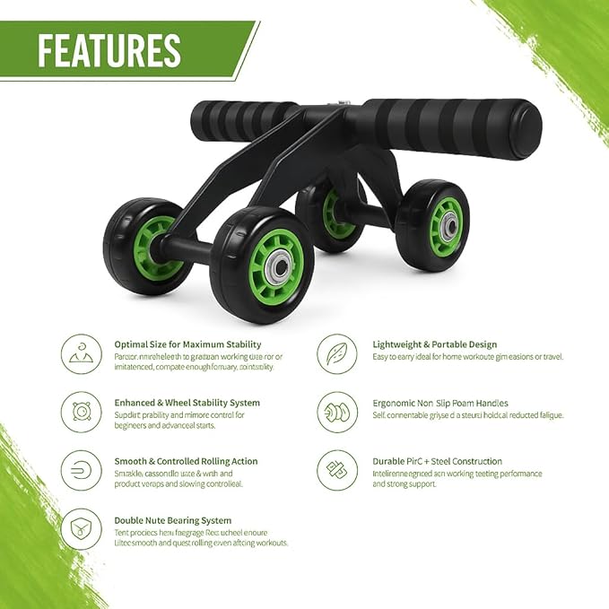 4-Wheel Ab Roller with Knee Pad – Abdominal Exercise Wheel for Core Strength Training, Stable Ab Workout Equipment for Men & Women, Non-Slip Handles, Smooth Bearings, Portable Home Gym Fitness Tool