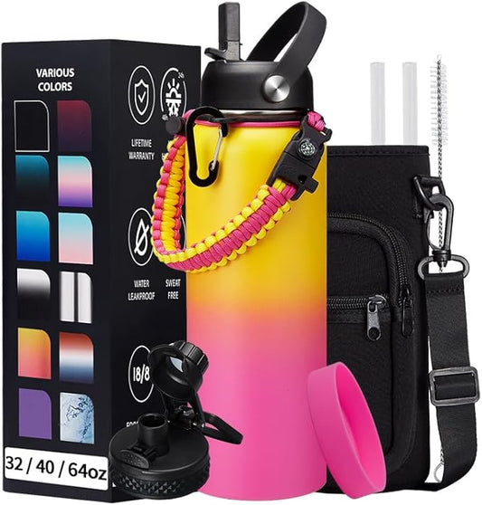 40OZ Insulated Stainless-Steel Water Bottle - Reusable Metal Water Bottles with Straw & Spout Lids, Paracord Handle & Carrier Pouch, Leakproof Workout Water Flask for Women Men