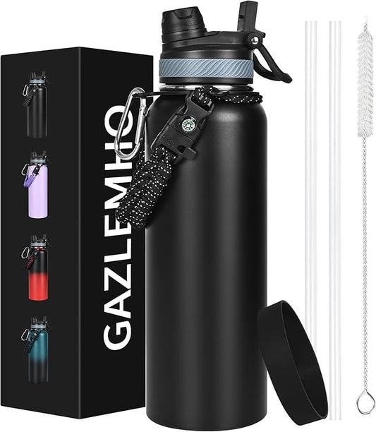 40 oz Insulated Water Bottle with Straw& Spout 2-in-1 Lid, Triple Wall Vacuum Stainless Steel Cold 48H, Leak Proof Sports Metal Flask Jug with Paracord Handle, Black