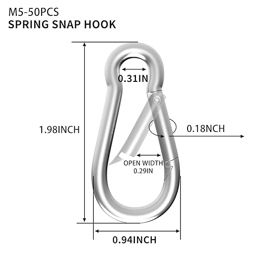 50PCS M5 Spring Snap Hook Carabiner, Heavy Duty Galvanized Steel Carabiner Clip, 200LBS Holding Capacity Spring Clips for Hammock Swing Outdoor Travel