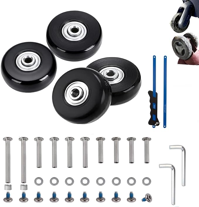 45mm 4PCS Luggage Replacement Wheels & Hacksaw for Trolley Case Bags; Inline, Swivel, Rubber & Roller Bearings Repair Kits with Axles