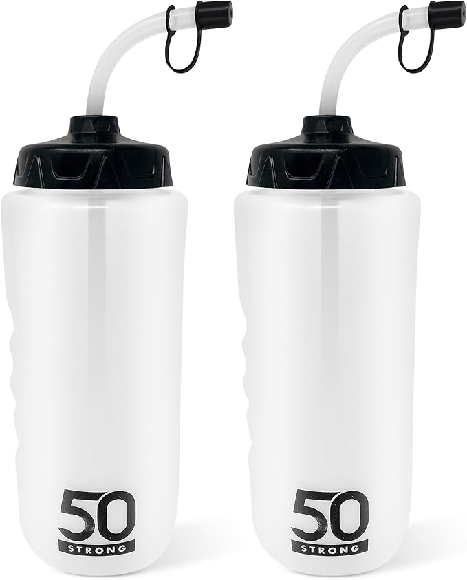 50 Strong 1 Liter Water Bottle with Straw – 2-Pack Easy-Squeeze Sports Bottles with Long Straw & Built-In Finger Grip – BPA-Free – Made in USA – Ideal for Hockey, Football, Lacrosse & Boxing