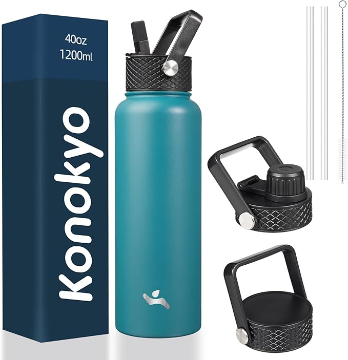 40oz Insulated Water Bottle Stainless Steel Sport Bottles with 3 Lids,Light Blue