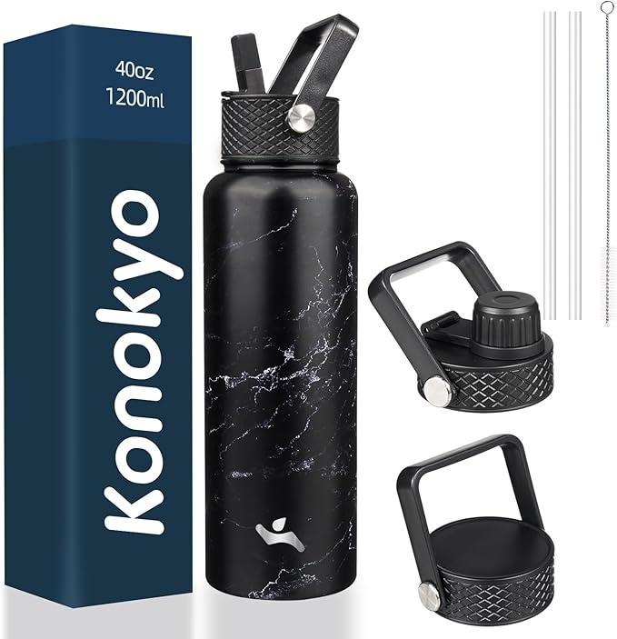 40oz Insulated Water Bottle Stainless Steel Sport Bottles with 3 Lids,Marble Midnight