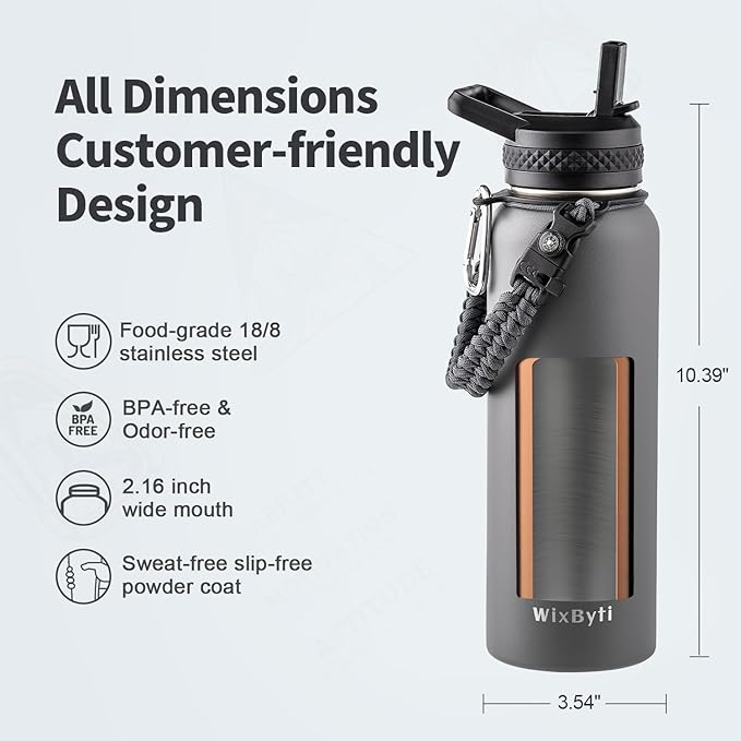 40 oz Insulated Water Bottle with Straw (Cold for 48 Hrs), Stainless Steel Triple Wall Vacuum Sports Water Jug, Leakproof Hydro Cup Flask with Paracord Handle & Straw Spout Lids & DIY Stickers