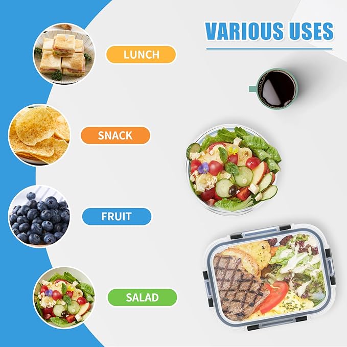 6 Pack Glass Food Storage Containers, BPA Free Meal Prep Containers with Leak Proof Lids, Freezer to Microwave Safe