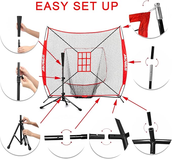 7'X7' Baseball Softball Practice Net,Pitching Net,Batting Net,with Baseball Tee,Bonus Strike Zone and Bow Frame,for Hitting,Pitching, Catching