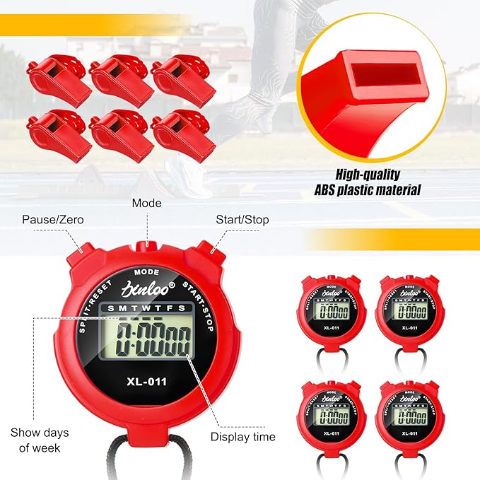 48 Pcs Digital Stopwatch Timer Plastic Whistle Bulk for Sports Coaches Referee Waterproof Watch Timer Whistle with Lanyard Multi Function Electronic Fitness Date Alarm (Red)