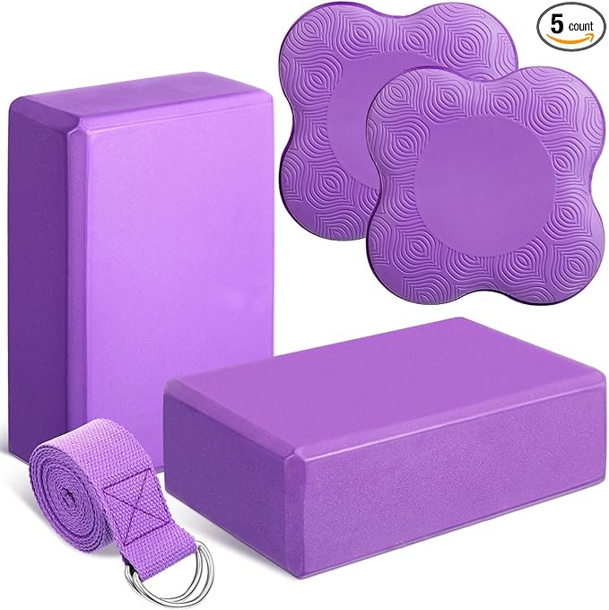 5 Pcs Yoga Blocks Knee Pads Yoga Strap Set Soft Premium Foam Blocks Accessories for Pilates Meditation General Fitness Stability, Kneeling, Balance, Deepen Stretches and Toning