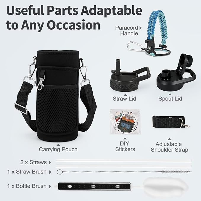 40 oz Insulated Water Bottle with Straw (Cold for 48 Hrs), Stainless Steel Triple Wall Vacuum Sports Water Jug, Leakproof Hydro Cup Flask with Paracord Handle & Straw Spout Lids & DIY Stickers