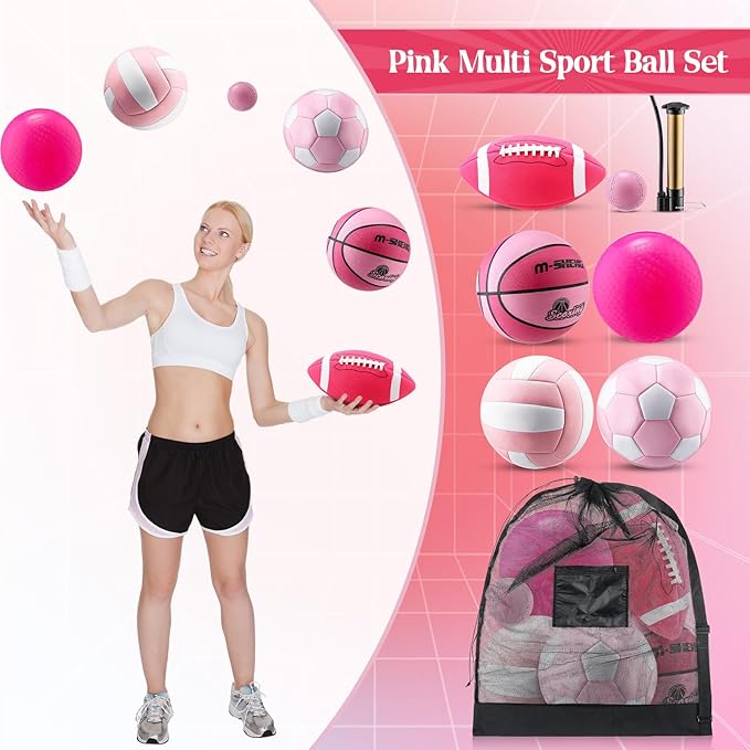 6 Pcs Multi Sport Ball Set Official Size Football, Basketball, Soccer, Volleyball, Playground Ball, Baseball with Equipment Bag Pump for Teen Adult Sport Gift Back to School