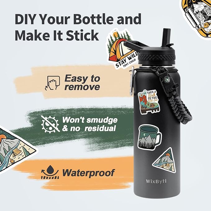 40 oz Insulated Water Bottle with Straw (Cold for 48 Hrs), Stainless Steel Triple Wall Vacuum Sports Water Jug, Leakproof Hydro Cup Flask with Paracord Handle & Straw Spout Lids & DIY Stickers