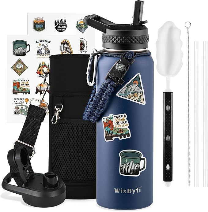 40 oz Insulated Water Bottle with Straw (Cold for 48 Hrs), Stainless Steel Triple Wall Vacuum Sports Water Jug, Leakproof Hydro Cup Flask with Paracord Handle & Straw Spout Lids & DIY Stickers