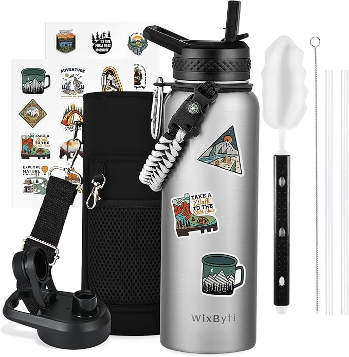 40 oz Insulated Water Bottle with Straw (Cold for 48 Hrs), Stainless Steel Triple Wall Vacuum Sports Water Jug, Leakproof Hydro Cup Flask with Paracord Handle & Straw Spout Lids & DIY Stickers