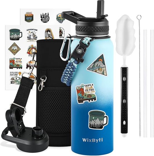 40 oz Insulated Water Bottle with Straw (Cold for 48 Hrs), Stainless Steel Triple Wall Vacuum Sports Water Jug, Leakproof Hydro Cup Flask with Paracord Handle & Straw Spout Lids & DIY Stickers