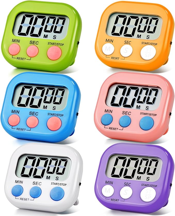 6 Pack Digital Kitchen Timer Magnetic Digital Timer with Big Display Loud Ring Cooking Timers for Cooking, Game, Gym, Break Time, Classroom(6, Multicolor)