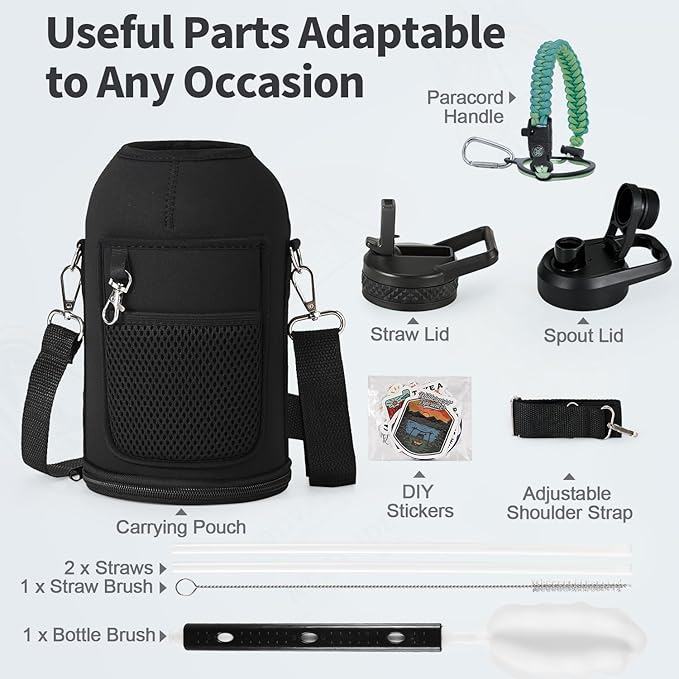 64 oz Insulated Water Bottle with Straw (Cold for 48 Hrs), Half Gallon Stainless Steel Triple Wall Vacuum Sports Water Jug, Leakproof Hydro Cup Flask with Straw Spout Lids & DIY Stickers