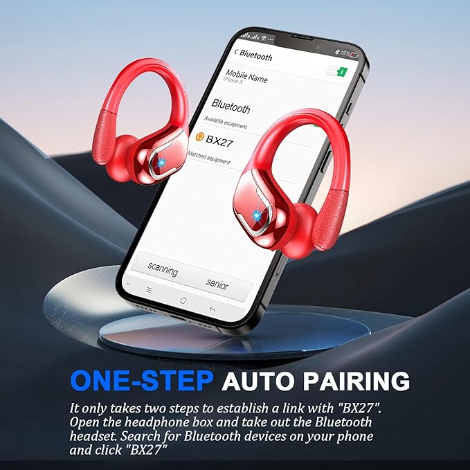 Ltinist Wireless Earbud, Bluetooh 5.4 Headphones Pure Bass Sound with Earhooks, 75H Battery in-Ear Sport Earbud with Dual-LED Display, IP7 Waterproof Earphones Built-in Microphone for Running, Red
