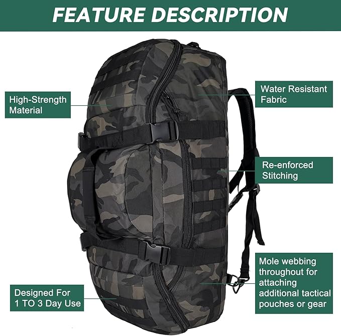 55L Large Duffle Bag, 3-in-1 Tactical Backpack MOLLE Pack for Gym, Sports, Outdoor, Black Camo