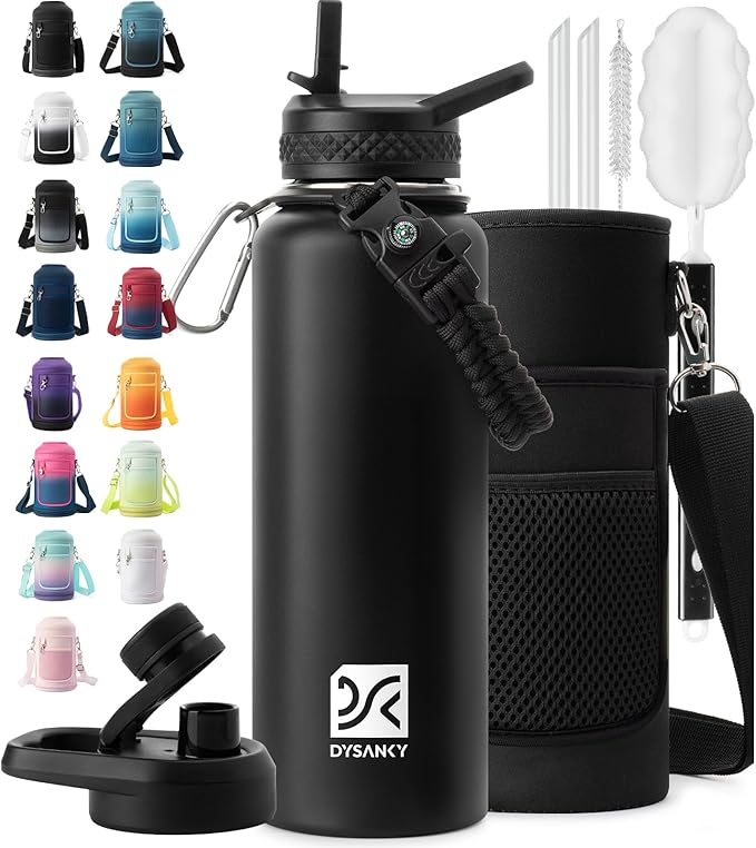 40 oz Insulated Water Bottle | Thickened Stainless Steel Vacuum Metal | Portable Sports Water Jug for Gym and Hiking with Straw, Carrier Bag, Handle Strap | BPA-Free 40 oz, Black