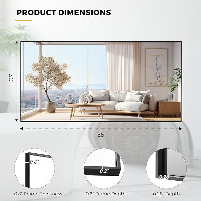 55x30 Inch Black Bathroom Mirror for Wall, Aluminum Frame Rectangle Rectangular Vanity Mirror, Modern Large for Bedroom, Living Room, Horizontal or Vertical
