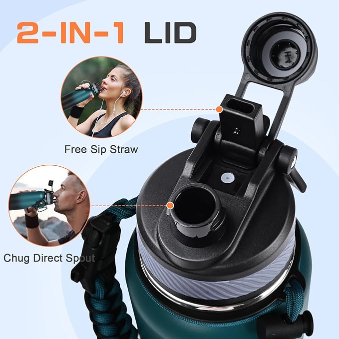 40 oz Insulated Water Bottle with Straw& Spout 2-in-1 Lid, Triple Wall Vacuum Stainless Steel Cold 48H, Leak Proof Sports Metal Flask Jug with Paracord Handle, Indigo Black