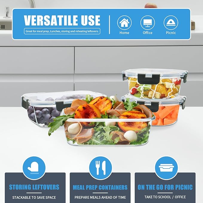 6 Pack Glass Food Storage Containers, BPA Free Meal Prep Containers with Leak Proof Lids, Freezer to Microwave Safe
