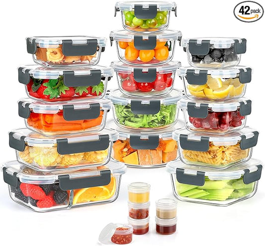 42pcs Glass Food Storage Containers with Lids Set, 21 Containers & 21 Lids Include One 2 Compartments Glass Meal Prep Containers with Snap Locking Lid Set, Leak Proof Lunch Container BPA-Free,Grey