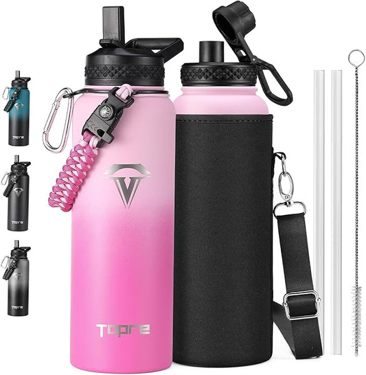 40oz Insulated Water Bottle,Stainless Steel Vacuum Water Bottle, BPA-Free & Leakproof -with Paracord Handle,Strap,Straw Spout Lids,Large Water Jug for Gym Sports