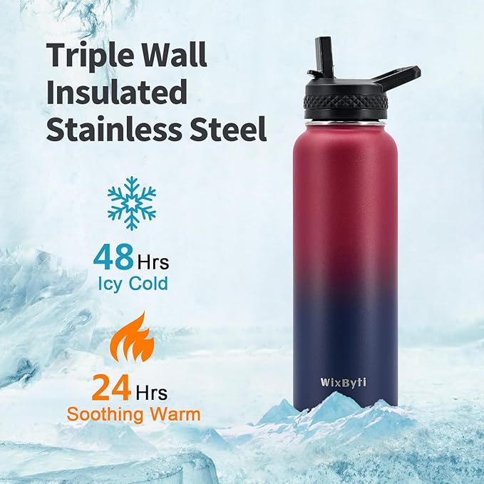 40 oz Insulated Water Bottle with Straw (Cold for 48 Hrs), Stainless Steel Triple Wall Vacuum Sports Water Jug, Leakproof Hydro Cup Flask with Paracord Handle & Straw Spout Lids & DIY Stickers