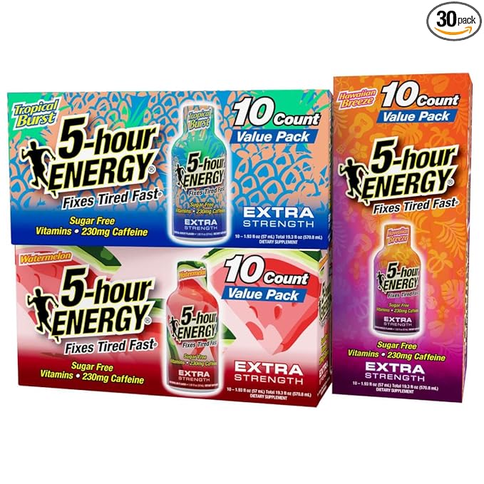 5-Hour Energy Extra Strength Shots Variety Pack, 30 Count (1.93 fl oz) - Tropical Burst, Hawaiian Breeze, Watermelon Flavors