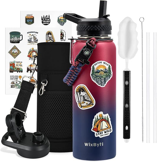 40 oz Insulated Water Bottle with Straw (Cold for 48 Hrs), Stainless Steel Triple Wall Vacuum Sports Water Jug, Leakproof Hydro Cup Flask with Paracord Handle & Straw Spout Lids & DIY Stickers