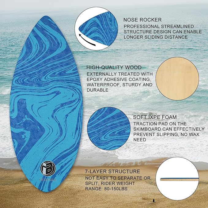 41” Skipper Skimboard with High Gloss Coat Wooden Skim Boards for Beginners, Teenagers and Adults Beach Skimboard 3 Color Traction Pad to Choose
