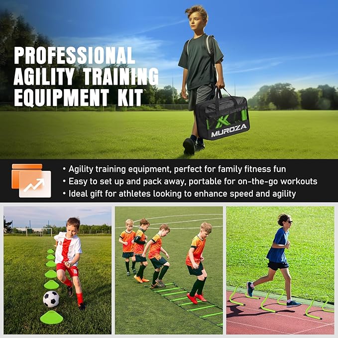 Agility Ladder, Speed Training Equipment Set, 20ft Agility Ladder, 12 Soccer Cones, 4 Hurdles, Jump Rope, Running Parachute, Basketball Football Soccer Training Equipment for Kids, Youth, Adults