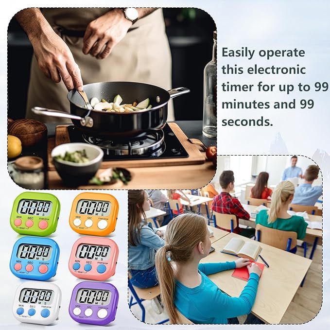 6 Pack Digital Kitchen Timer Magnetic Digital Timer with Big Display Loud Ring Cooking Timers for Cooking, Game, Gym, Break Time, Classroom(6, Multicolor)