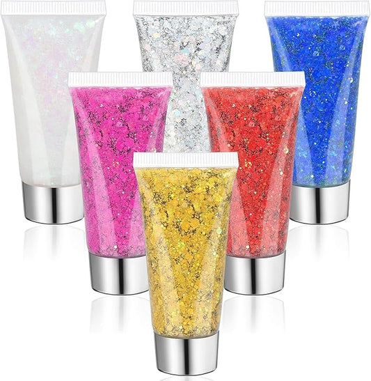 6 Colors Body Face Glitter Gel for Skin and Hair, Makeup Sparkles Rave Accessories for Festival Outfits, Mermaid Decorations, Disco Cowgirl, Mardi Gras