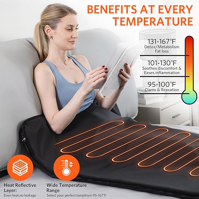 Low EMF Portable Infrared Sauna Blanket for Detox and Home Relaxation, Adjustable 1-60 Min Timer, 95-167℉ Temp Range, 6 ft x 2.95 ft, Durable PU Leather Cover