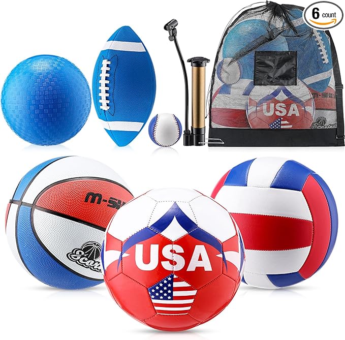 6 Pcs Multi Sport Ball Set Official Size Football, Basketball, Soccer, Volleyball, Playground Ball, Baseball with Equipment Bag Pump for Teen Adult Sport Gift Back to School