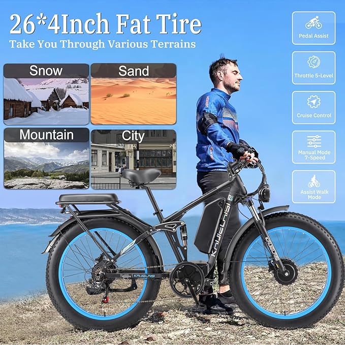 52V Electric Bike for Adults, 38MPH 26” Fat Tire Dirtbike 6000W Peak, AWD Ebike Dual Motor,26AH Removable Battery Fast Full Hydraulic Brake
