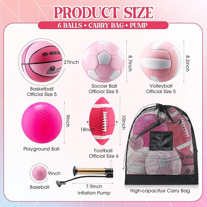 6 Pcs Multi Sport Ball Set Official Size Football, Basketball, Soccer, Volleyball, Playground Ball, Baseball with Equipment Bag Pump for Teen Adult Sport Gift Back to School