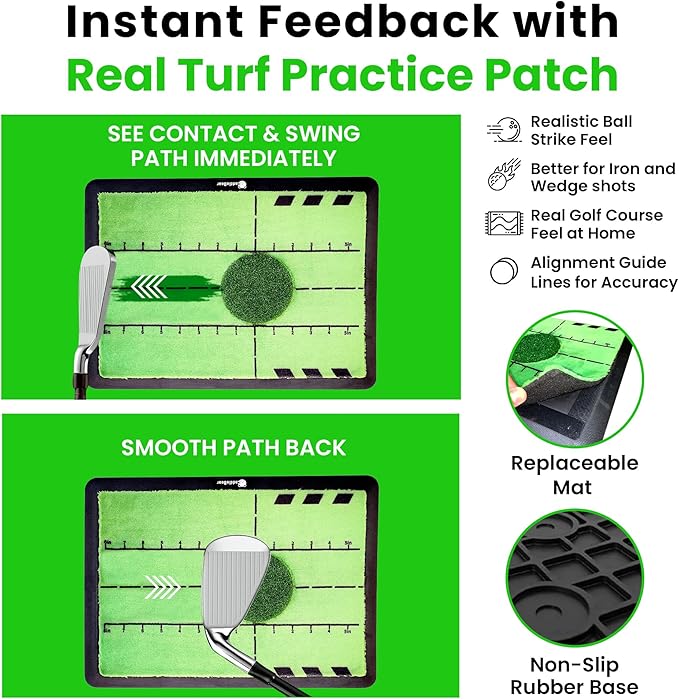 5-in-1 Golf Hitting Mat Set - Golf Training Aid with Path Feedback mat with Turf Patch, Replaceable mat, Impact Tape, Swing Arm Band & Carry Bag - Indoor & Outdoor Golf Mat for Practice