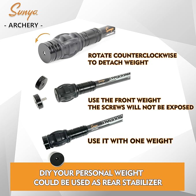 SUNYA Archery Bow Stabilizer for Compound Bow, Carbon Fiber Body Flexible Core, Damping System and Weights Kit, 8",10",12" 15" in Expedition Series