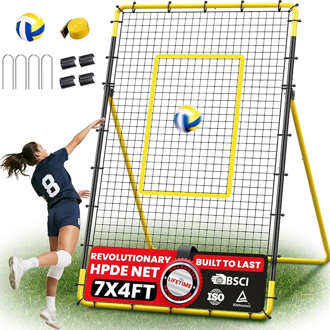 Adjustable Volleyball Rebounder Net Equipment 7x4 FT with Volleyball Practice for Adult Backyard Indoor Outdoor Training