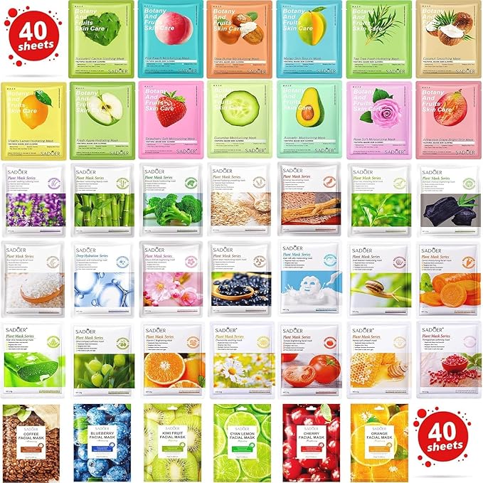 40 Pack Collagen Sheet Face Masks Skincare Bulk,Hydrating Spa Face Mask For Sensitive Skin,Anti Aging Facial Masks Sets For Women/Teen Girls(40 Combo Pack)