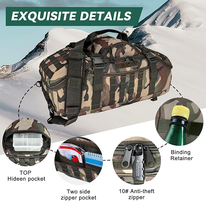55L Large Duffle Bag, 3-in-1 Tactical Backpack MOLLE Pack for Sports, Gym, Outdoor, Woodland
